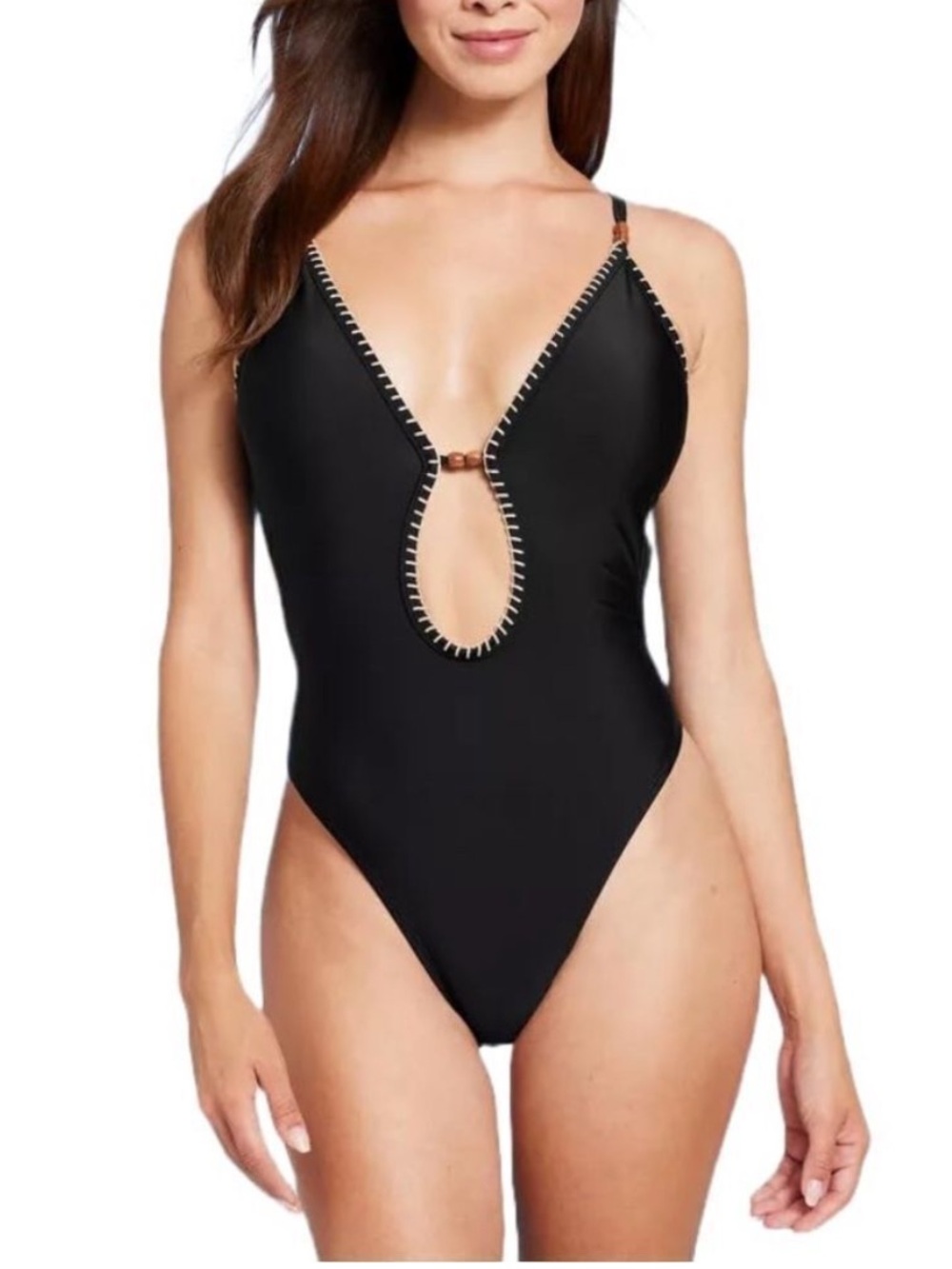 Shade & Shore Black One-Piece Plunge Swimwear with Keyhole Detail, Size S (4-6)